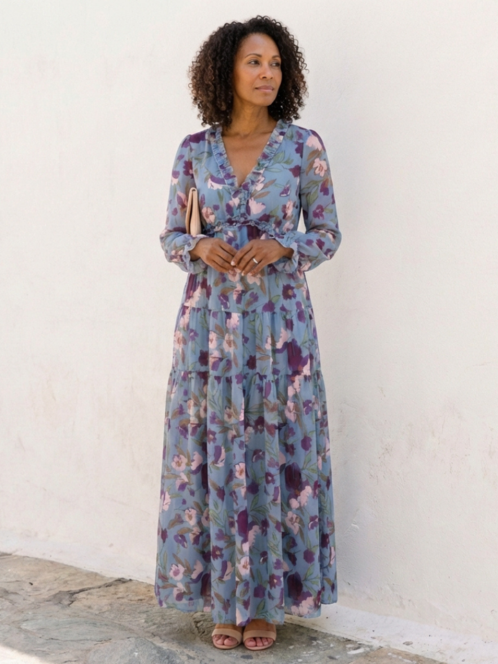 Chic women's V-neck long sleeve floral maxi dress, offering elegant style for spring and summer events.