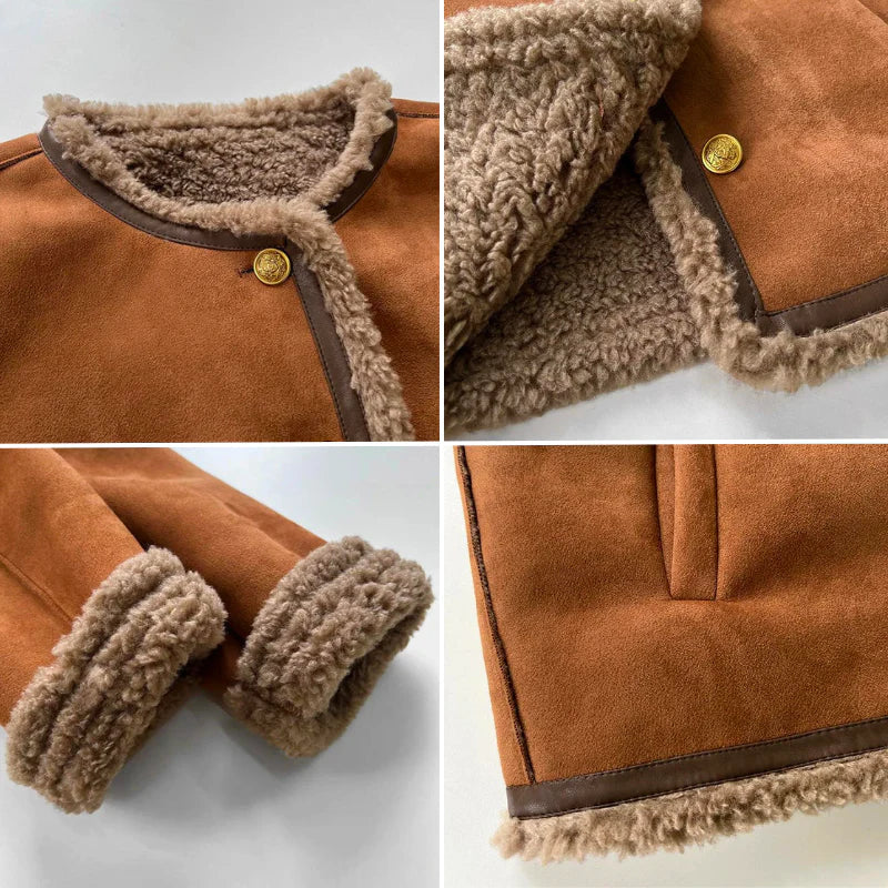 Lila women's faux shearling winter jacket. Stylish & warm button-down coat for cozy everyday fashion.