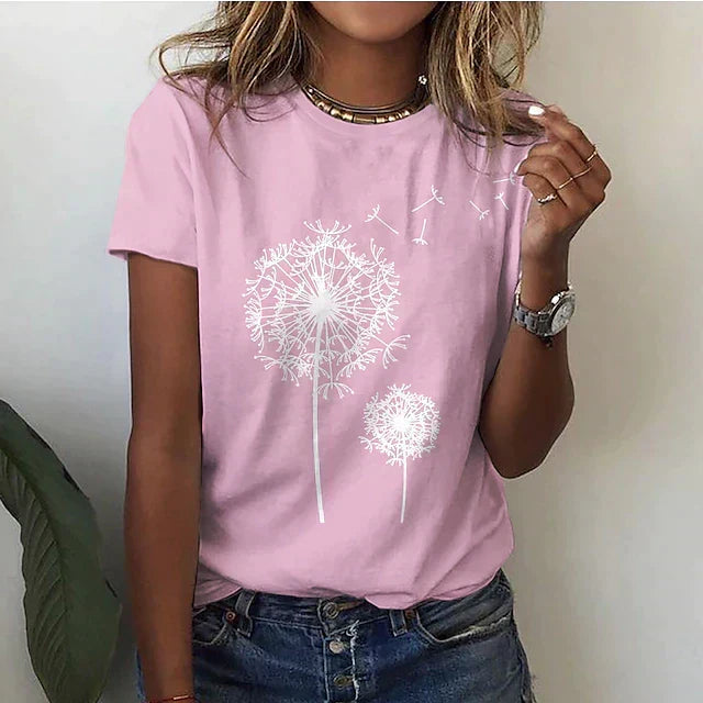 Relaxed fit women's dandelion print shirt. Comfortable spring/summer blouse, perfect for stylish everyday casual wear.