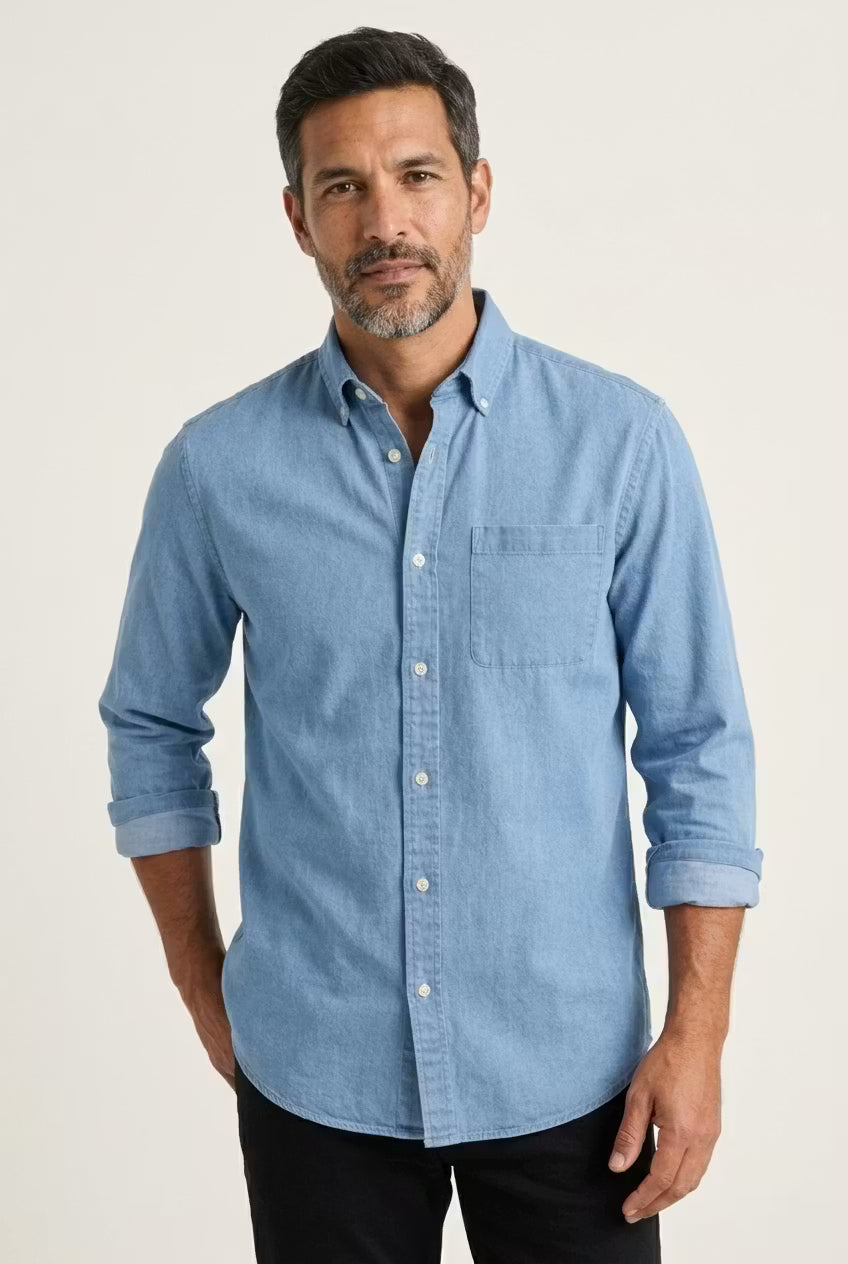 Men's relaxed fit chambray shirt, long sleeve button-up. Perfect for versatile casual & smart casual style.