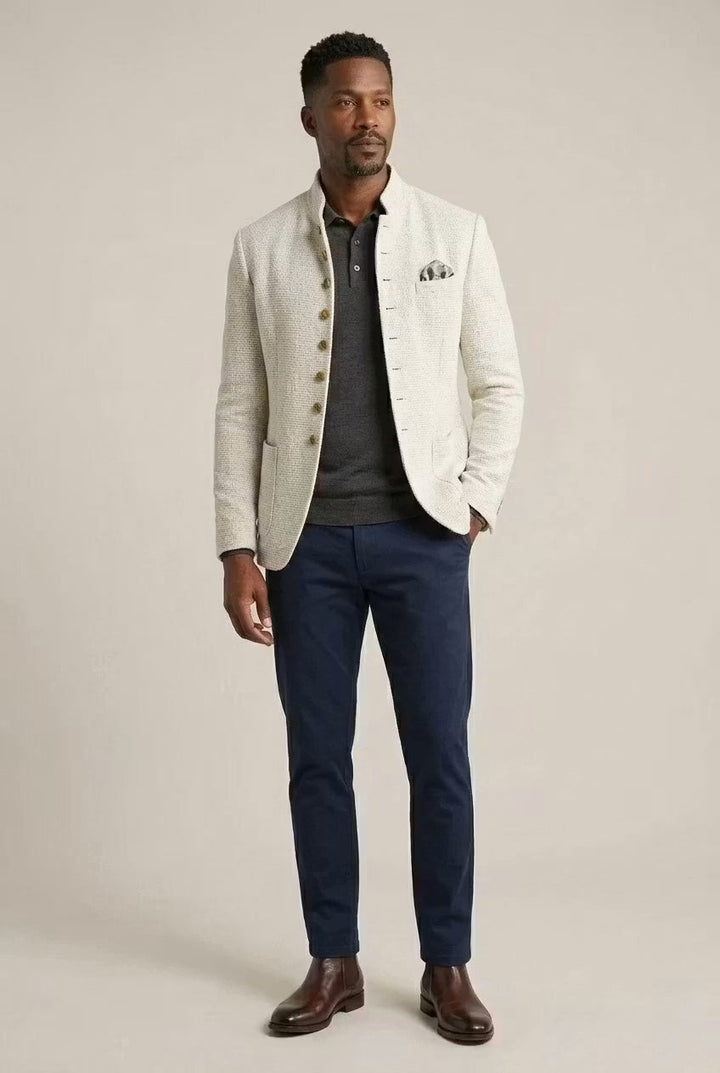 Men's textured mandarin collar blazer, suitable for smart casual to formal evening wear, single-breasted.