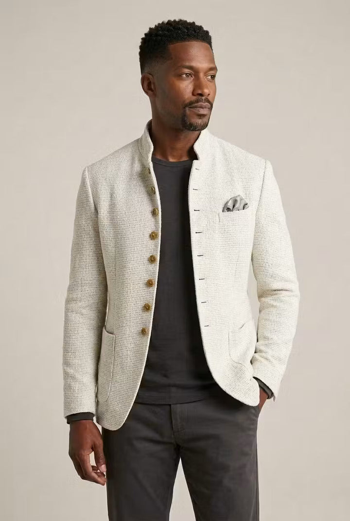 Men's mandarin collar textured blazer, single-breasted, perfect for smart casual & evening wear.