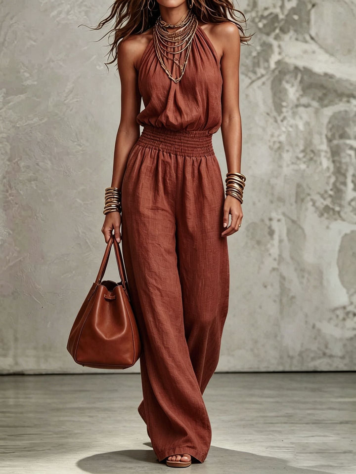 Women's casual wide-leg jumpsuit, sleeveless with a chic halter neck and smocked elastic waist.