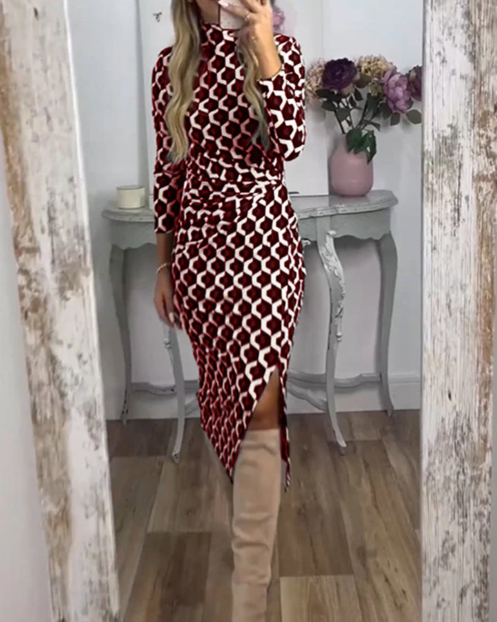 Stylish women's geometric print ruched midi dress with a slit, ideal for both daytime chic and evening wear.