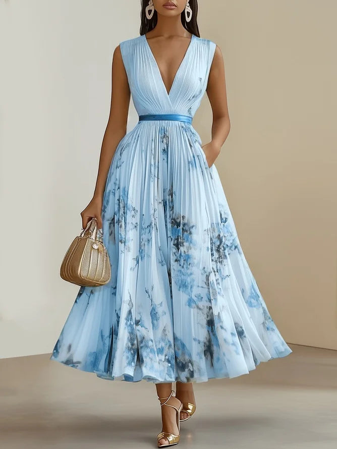Stylish women's occasion wear maxi dress, sleeveless with a V-neck, flattering and sophisticated.