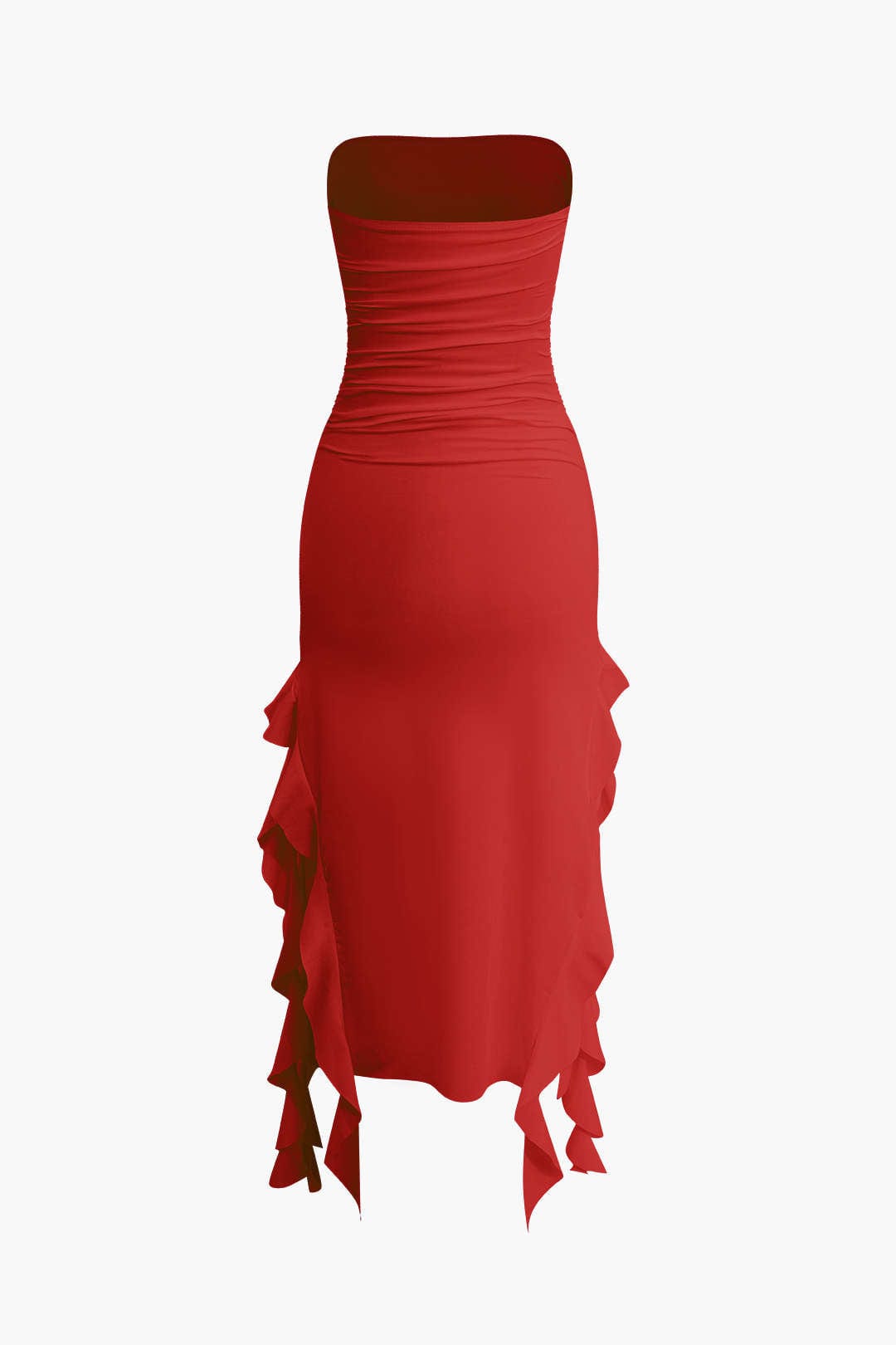 Women's strapless party dress, bodycon silhouette, and a fashionable fringe hem detail.