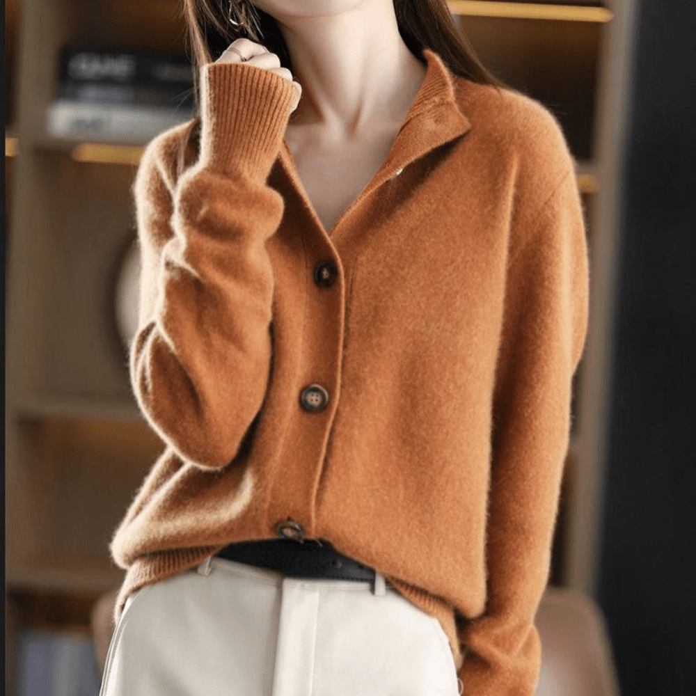 Cozy women's long-sleeve cardigan sweater, a chic layering piece for fall and winter everyday style.