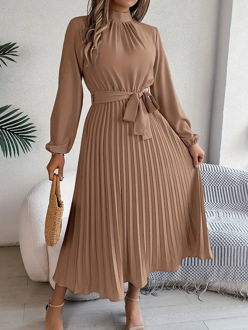 Flattering women's belted midi dress, long sleeves, elegant for work or event.