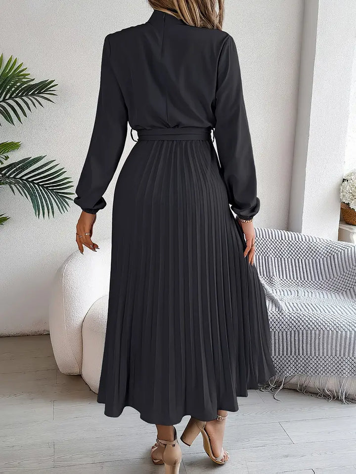 Smart long-sleeve belted midi dress for women, a versatile and elegant wardrobe staple.