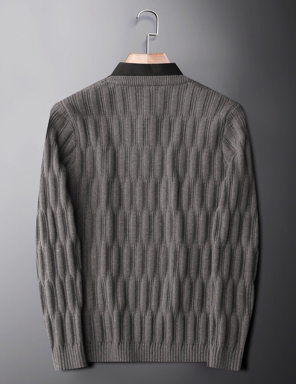Black men's long sleeve polo collar sweater, ribbed knit, stylish & warm winter fashion.