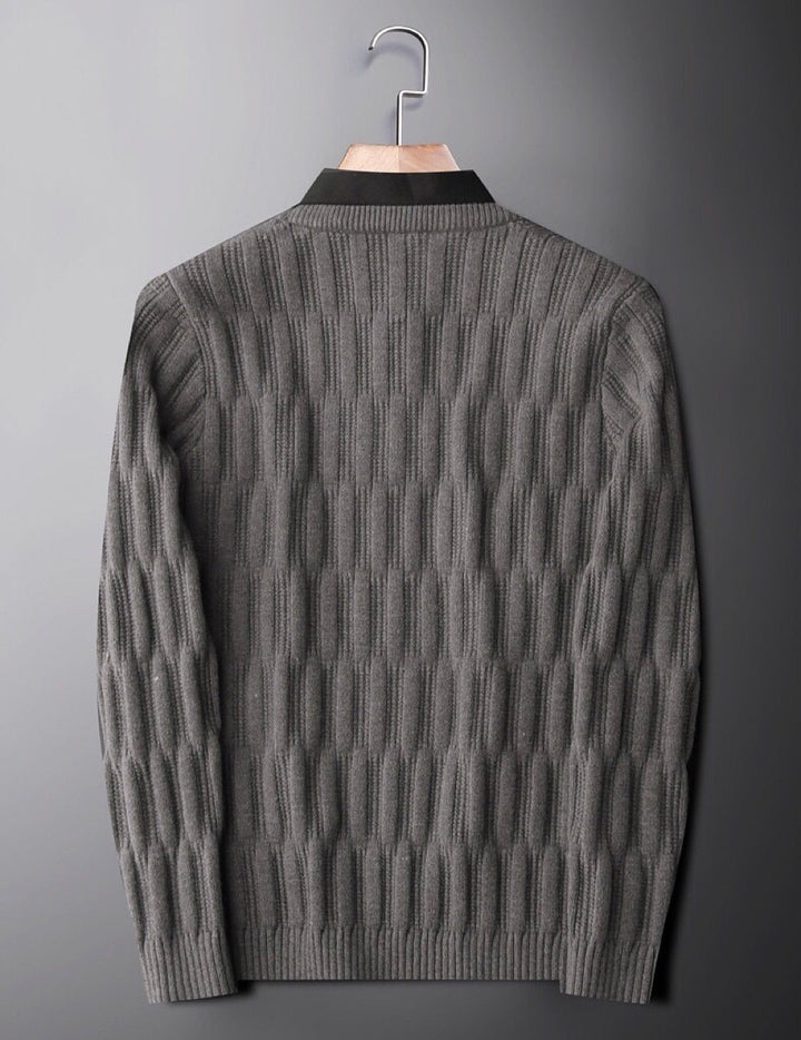 Black men's long sleeve polo collar sweater, ribbed knit, stylish & warm winter fashion.