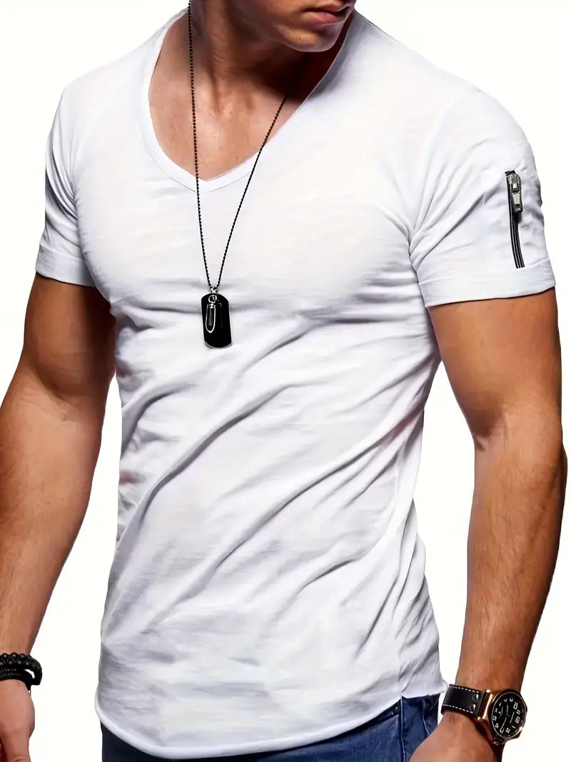Man modeling a relaxed fit V-neck tee, showcasing effortless casual style and everyday comfort.