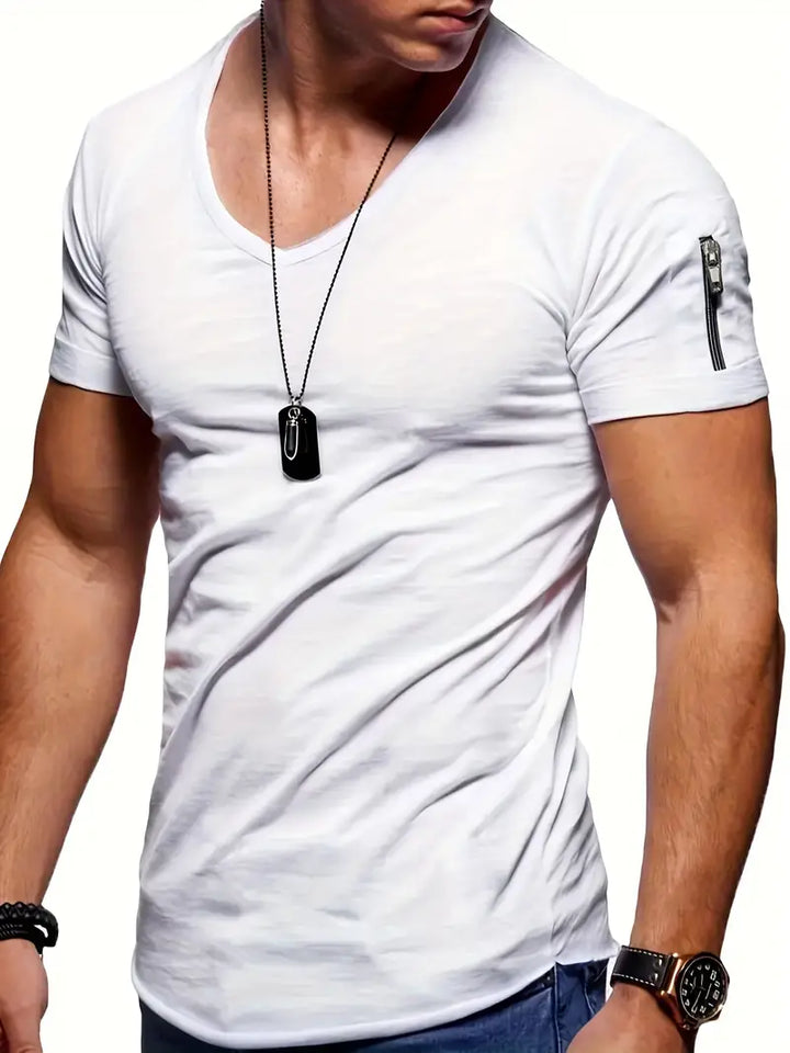 Man modeling a relaxed fit V-neck tee, showcasing effortless casual style and everyday comfort.