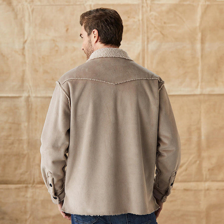 Rugged men's corduroy jacket with a cozy sherpa collar and button-down front, ideal warm outerwear for men.