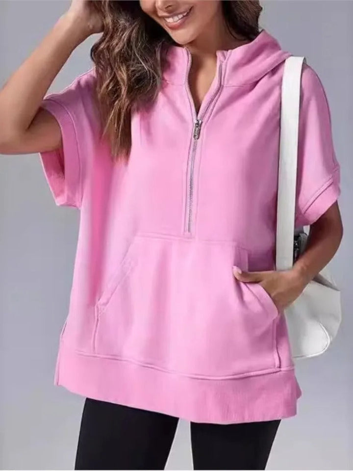 Women's casual short sleeve hoodie with half-zip & practical pockets for everyday wear.