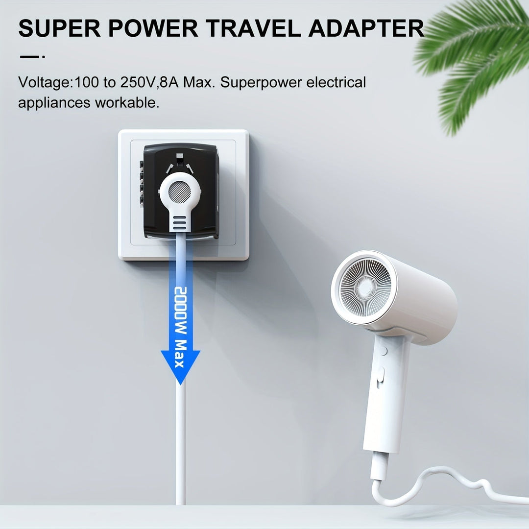 Multi-port universal travel adapter. 4 USB & Type-C ports for fast, efficient global device charging.