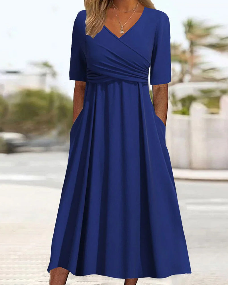 Elegant women's A-line midi dress with V-neck, sleeveless design & practical pockets. Perfect for spring & summer.