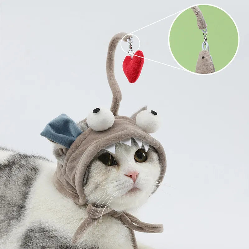 Soft cat hat costume with a feather toy, an engaging pet accessory for active cats.