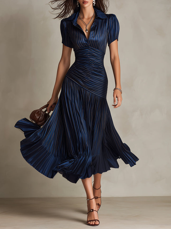 Women's retro striped midi dress with short sleeves, elegant & flattering style for versatile fashion.