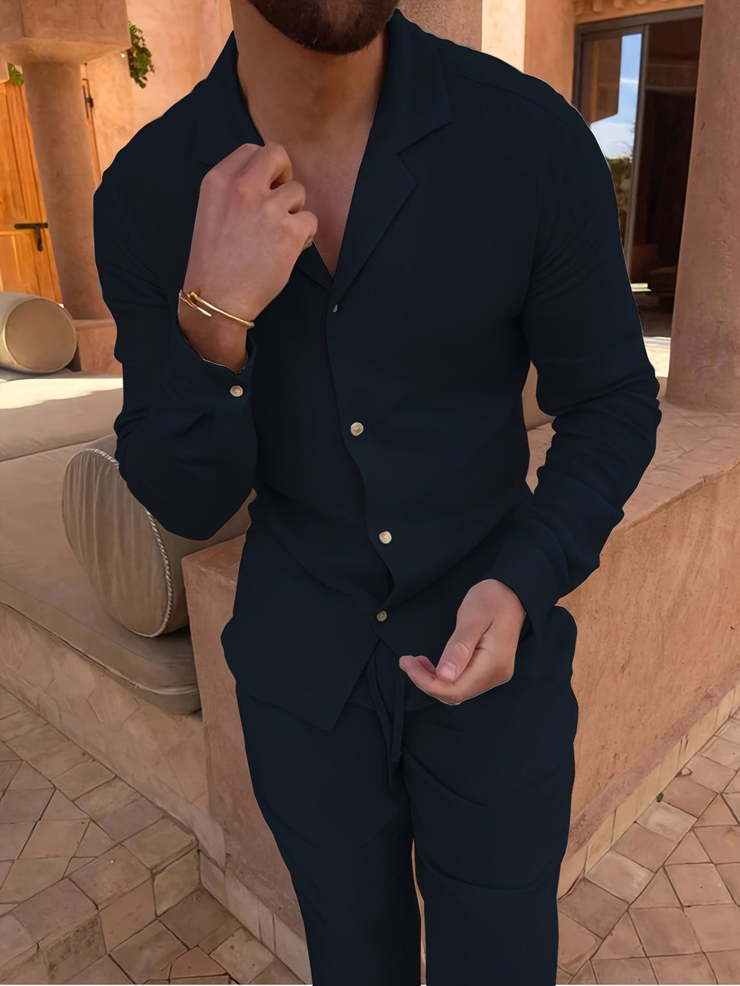 Blue men's regular fit linen blend two-piece set, offering comfort, class, and versatile minimalist fashion.