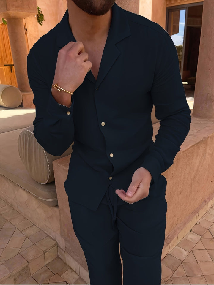 Blue men's regular fit linen blend two-piece set, offering comfort, class, and versatile minimalist fashion.