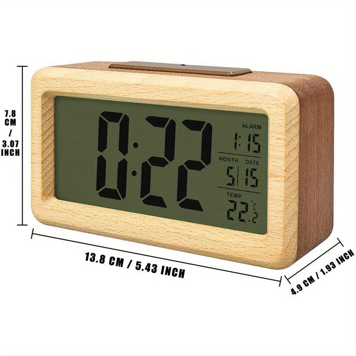 Stylish wooden LED alarm clock for bedside or office desk. Features digital time, temp & date display.