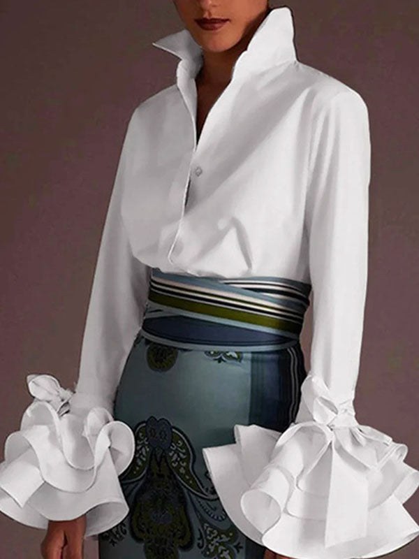 Chic women's tiered ruffle button-up blouse. Elegant flare sleeve top for office or smart casual wear.
