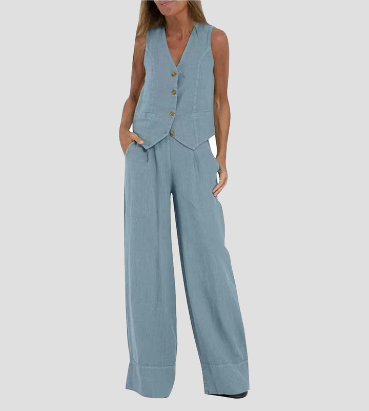 Sophisticated women's V-neck vest and wide-leg trousers set, an elegant and versatile outfit.
