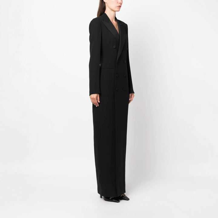 Women's tailored double-breasted blazer maxi dress. Floor-length formal evening gown for elegant occasions.