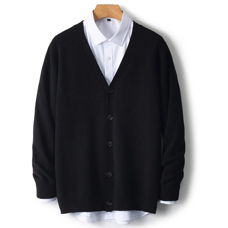 Man wearing a casual men's button-down cardigan sweater, perfect for everyday versatile layering.
