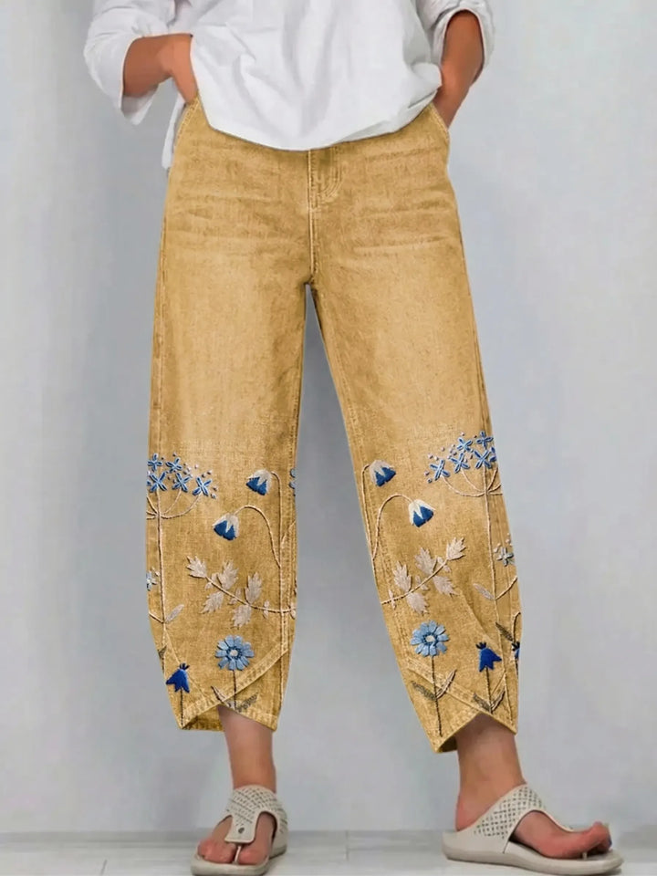 Patterned boho floral print trousers for women. Relaxed fit casual pants, ideal for comfort.