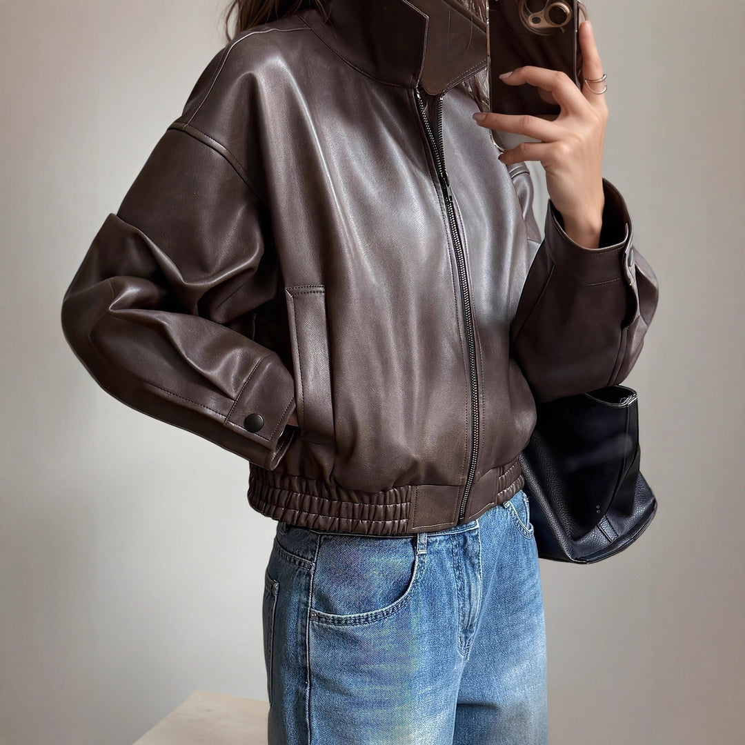 Dark brown women's chic long sleeve jacket with zipper & classic collar for versatile smart casual everyday wear.
