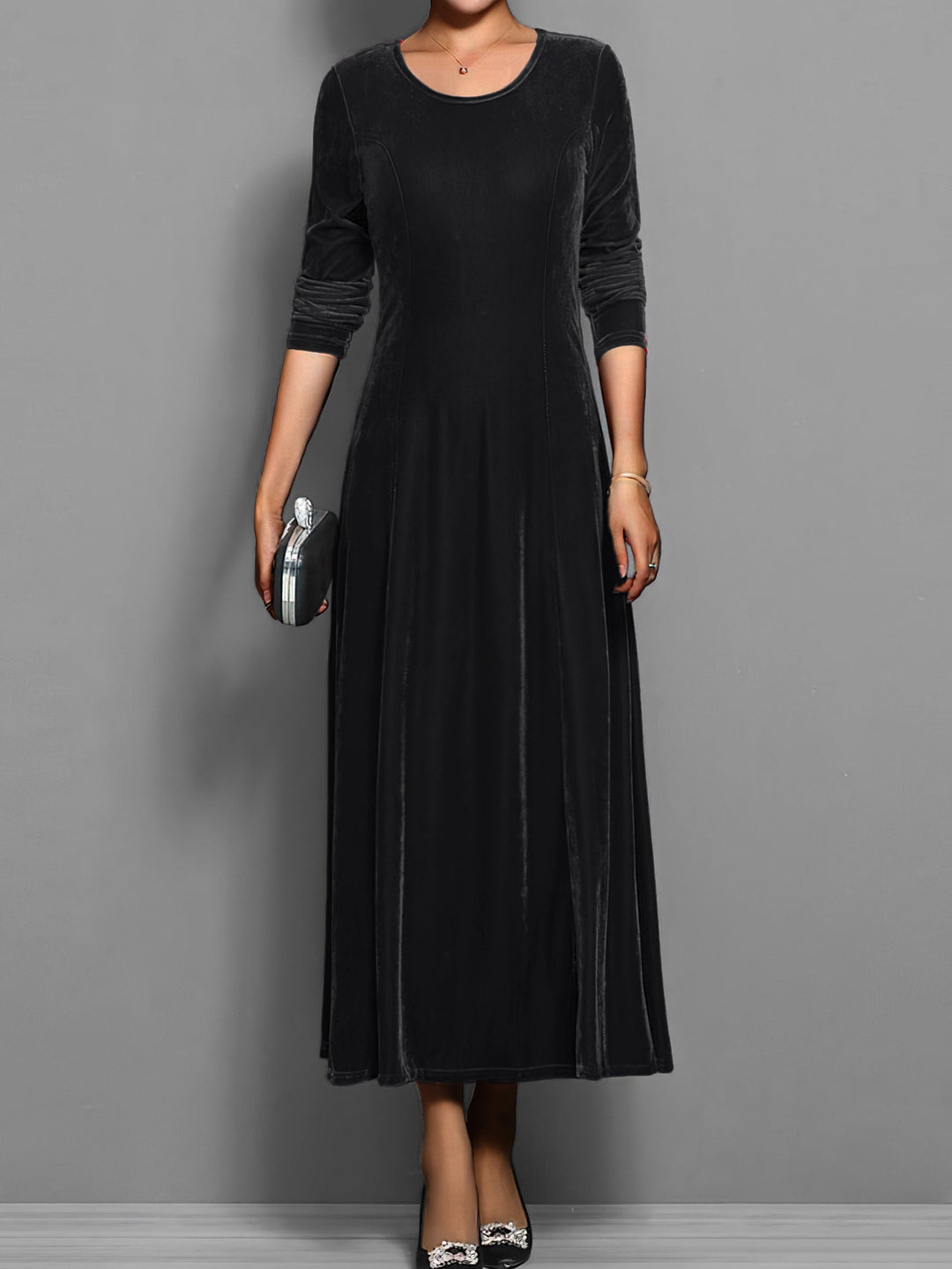 Timeless women's flared maxi dress, elegant long sleeve design, perfect as a comfortable spring or fall dress.