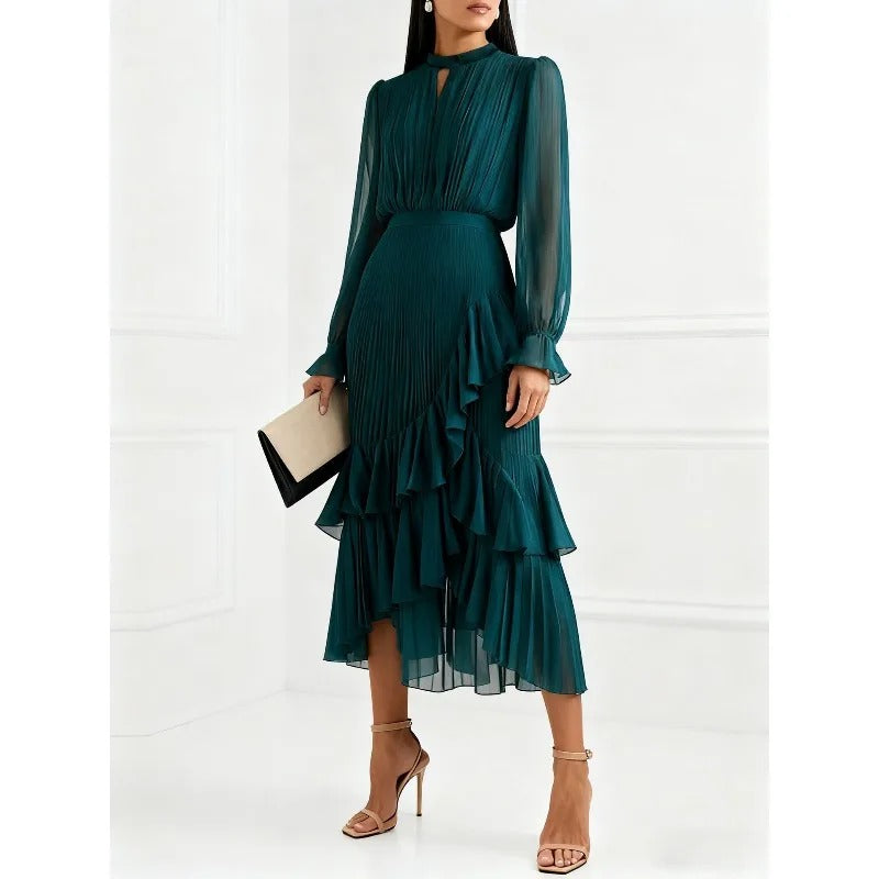 Flowing pleated midi dress, an elegant choice for women's parties & formal occasions.
