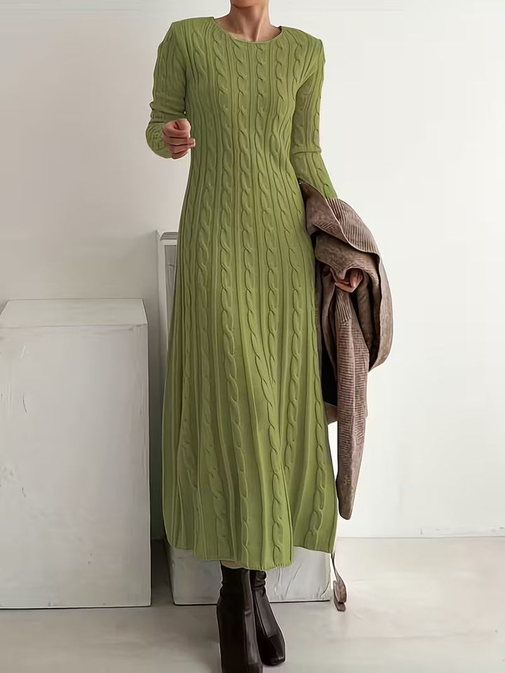 Apricot long sleeve knitted midi dress for women. Comfortable & elegant, ideal for everyday wear or special occasions.