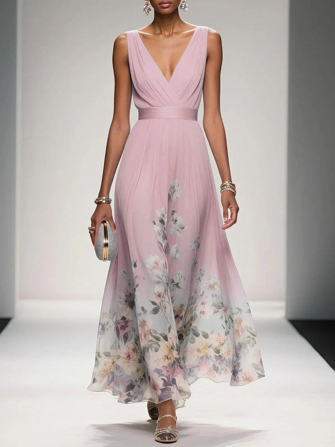 Side view of a flowy women's floral maxi dress, chic for summer daytime events & parties.