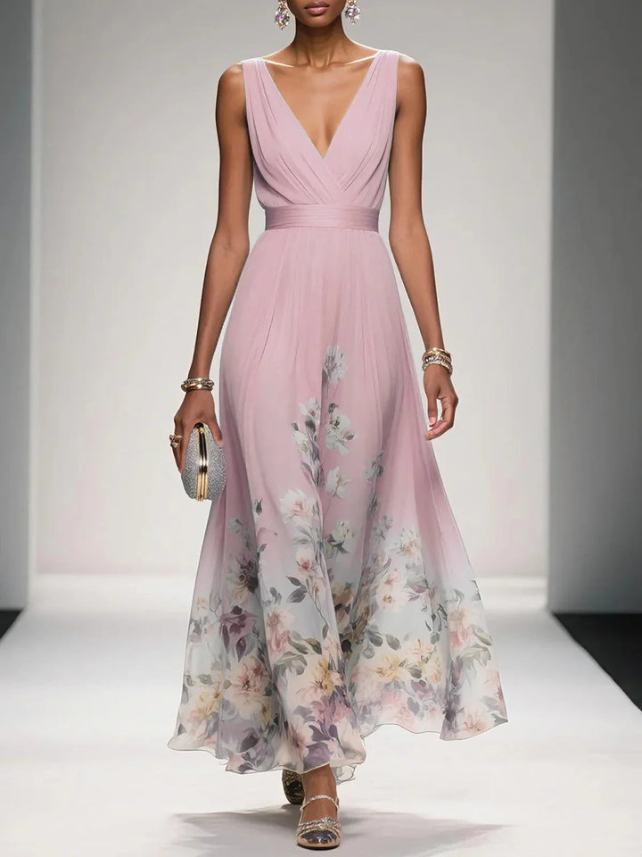 Side view of a flowy women's floral maxi dress, chic for summer daytime events & parties.