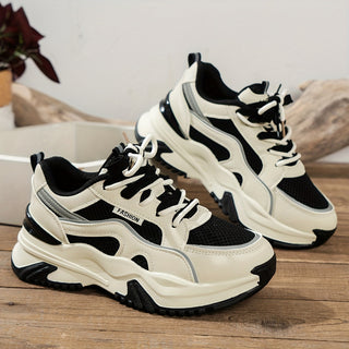 Comfortable ladies chunky platform sneakers, contrast panel lace-up design, perfect for trendy everyday street style.
