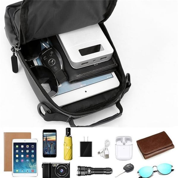 Front view: Stylish men's waterproof messenger bag, cross-body design, perfect for work.
