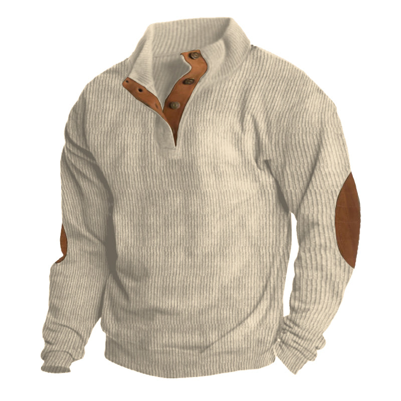Classic men's half-button pullover sweater featuring elbow patches, ideal for comfortable autumn and winter layering.