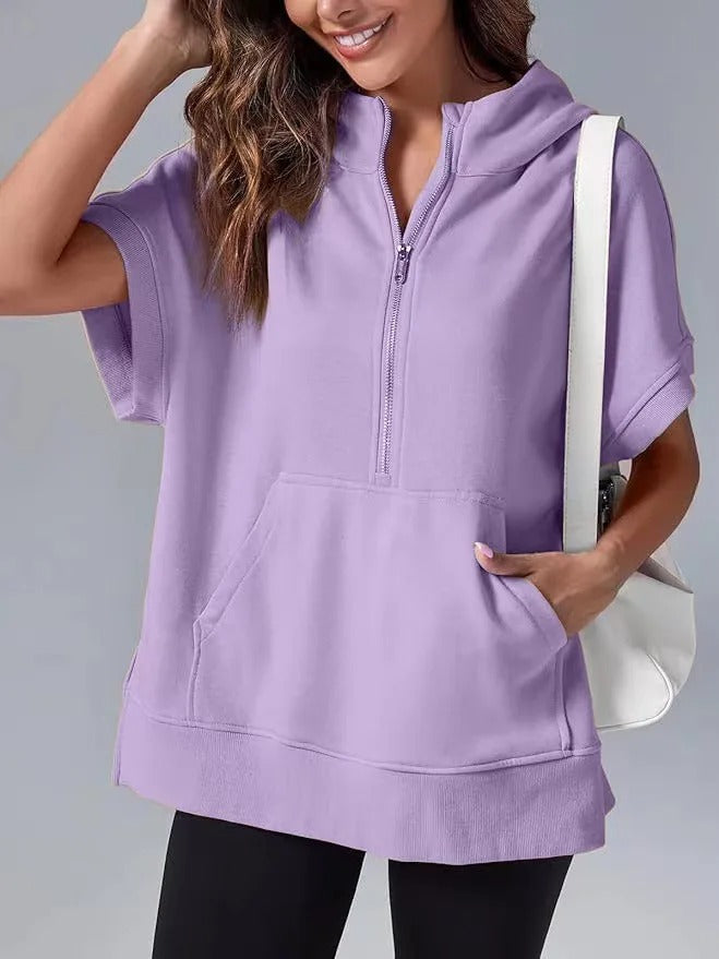 Lightweight women's short sleeve hoodie with half-zip, perfect for warmer casual days.