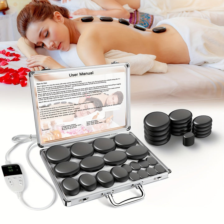 Professional-grade heated basalt stone set for full body massage, promoting deep relaxation & wellness.