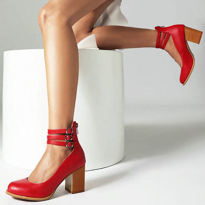 High-fashion women's block heels, offering stability, comfort, and a stylish ankle strap.