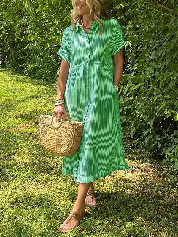 Office-ready women's striped maxi shirt dress; elegant long button-down for versatile casual or work style.