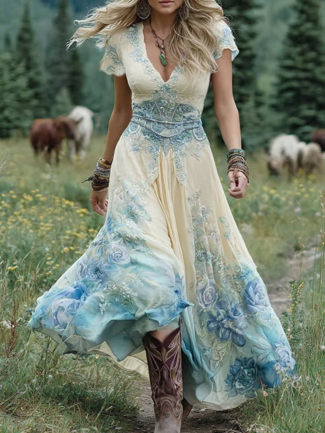 Comfortable bohemian women's maxi dress showcasing a vintage floral pattern and relaxed, flowing fit.