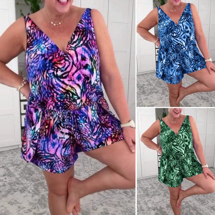 Women's animal print V-neck playsuit with short sleeves, perfect for summer casual wear and chic style.