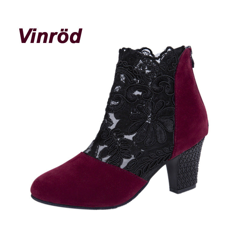 Versatile women's fashion boots: elegant lace embroidery, block heel for comfort, suitable for dress or casual.
