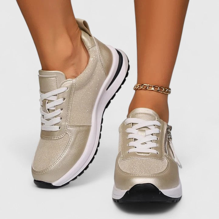 Women's elegant casual footwear featuring practical zipper, cushioned sole, and essential arch support.