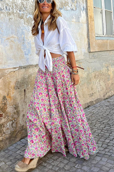 Women's boho print flowy maxi skirt for summer fashion. Ideal for casual wear & elegant style.