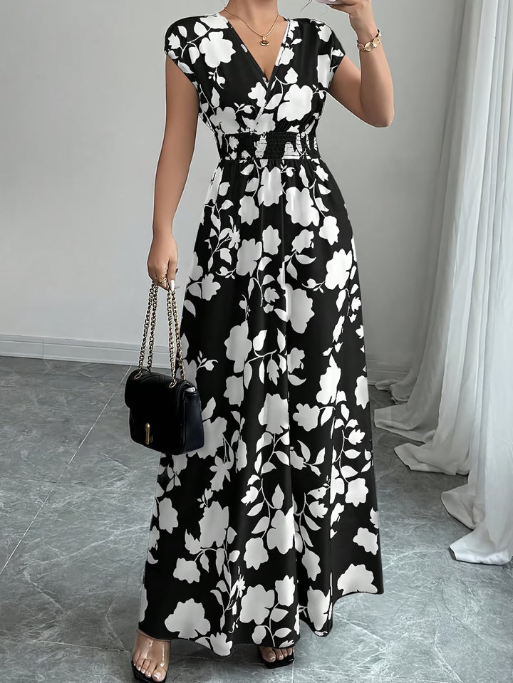 Elegant black V-neck sleeveless midi dress for women. Versatile summer style.